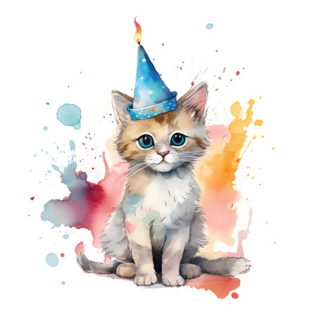 Cute kitten with a birthday hat. Watercolor illustration on white background.の素材