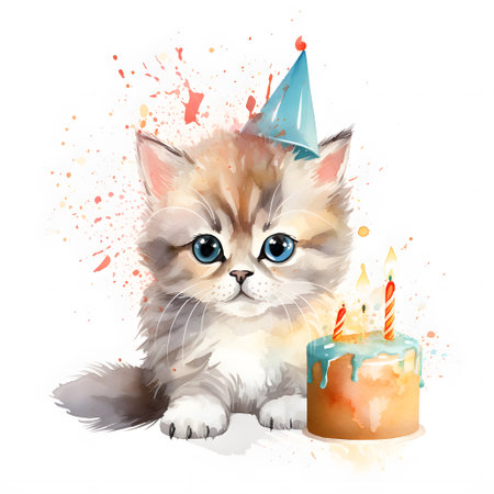 Cute kitten with birthday cake and candles. watercolor illustration.の素材