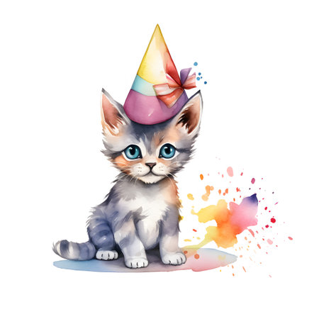 Cute kitten in a birthday cap. Watercolor illustration on white background.の素材