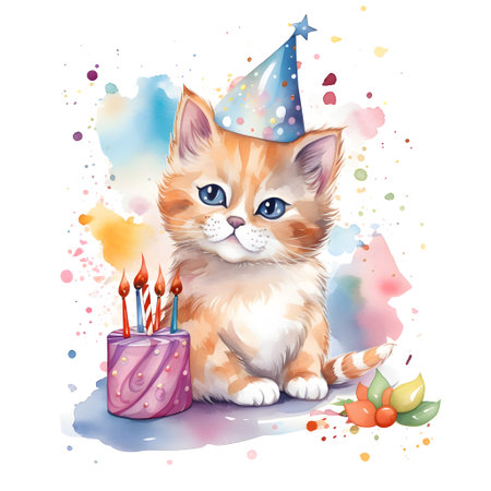 Cute kitten with birthday cake on colorful watercolor background. Vector illustration.の素材