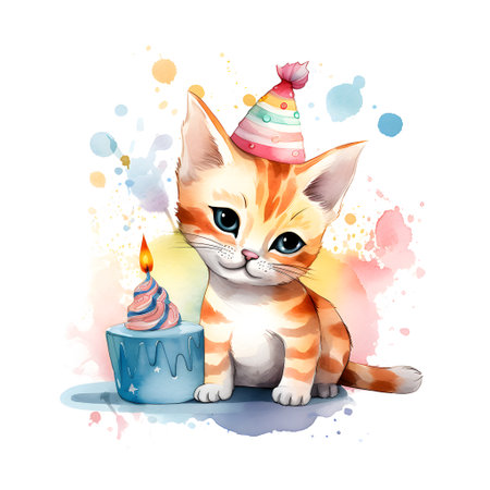 Cute kitten with birthday cake. Watercolor illustration on white background.の素材