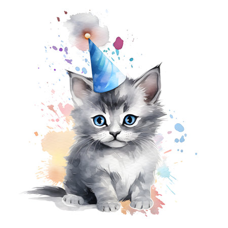 Cute kitten with birthday cap. Watercolor illustration on white background.の素材