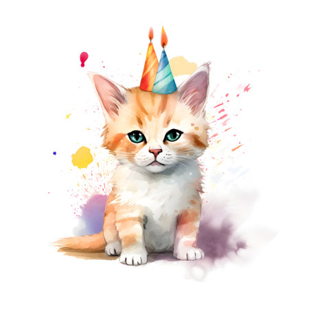 Cute kitten with birthday hat isolated on white background. watercolor illustration.の素材