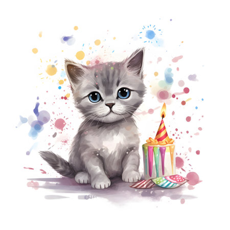 Cute kitten with birthday cake. watercolor painting. Vector illustration.の素材