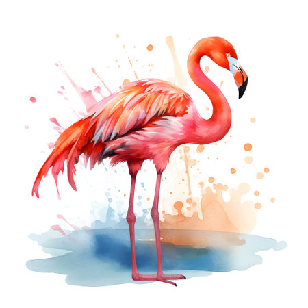 Flamingo watercolor painting on white background. Vector illustration.の素材