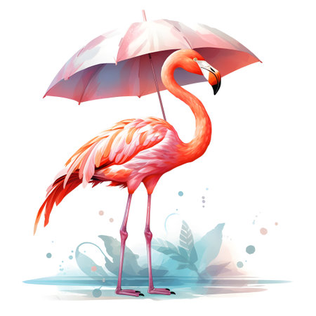 Pink flamingo with umbrella in watercolor style, vector illustration.の素材