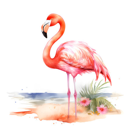 Watercolor flamingo on the beach. Hand drawn illustration isolated on white backgroundの素材