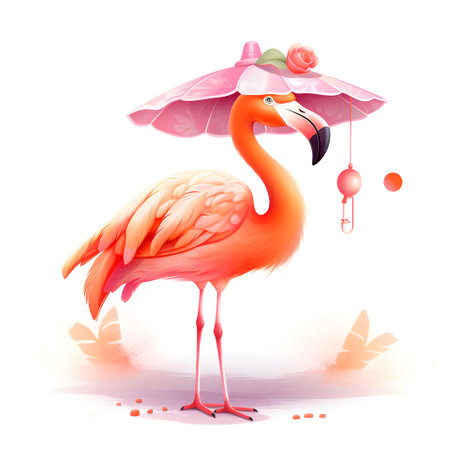 Flamingo with umbrella. watercolor painting. Vector illustration.の素材