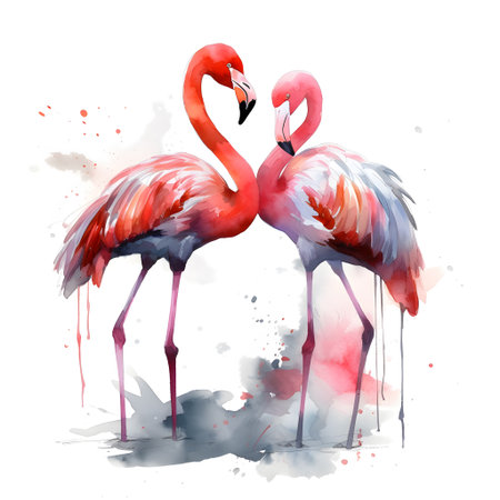 Two flamingos on a white background, watercolor painting, vector illustrationの素材