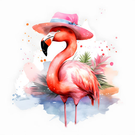 Flamingo in summer hat on watercolor background. Vector illustration.の素材