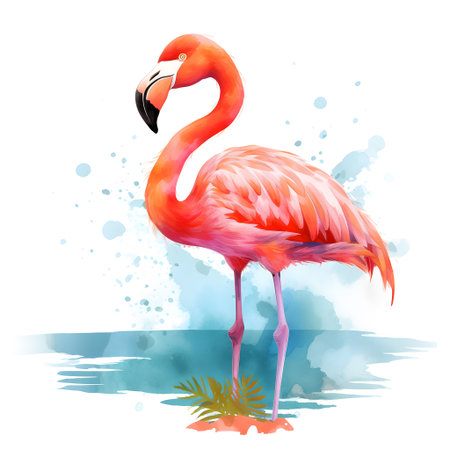 Pink flamingo on a background of watercolor splashes. Vector illustration.の素材