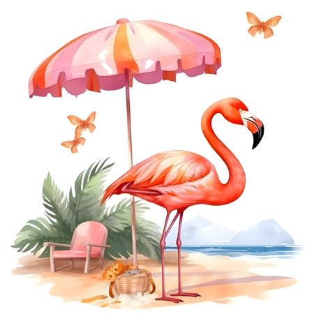 Pink flamingo on the beach. watercolor illustration. Vector.の素材