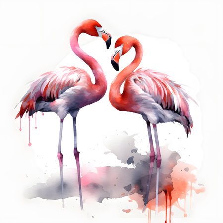 Two flamingos on a grunge watercolor background, vector illustrationの素材