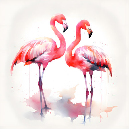 Two flamingos on watercolor background. Hand drawn vector illustration.の素材