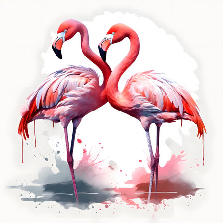 Two flamingos on watercolor background. Hand drawn vector illustration.の素材