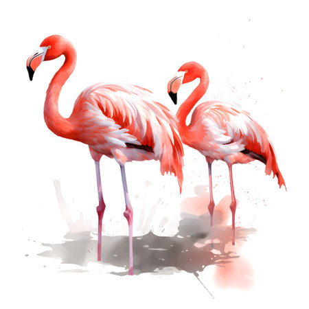 Two flamingo birds isolated on white background. watercolor illustration.の素材