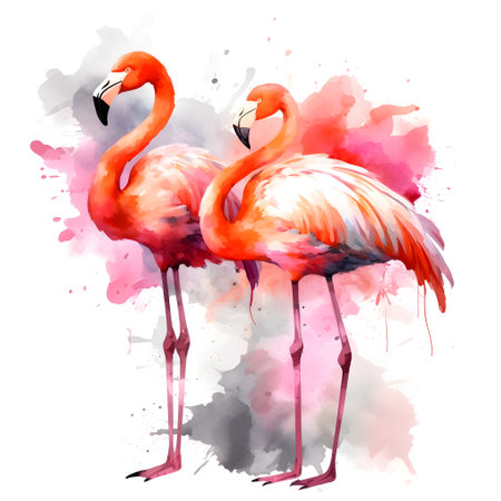 Two flamingos on watercolor background. Hand drawn vector illustration.の素材