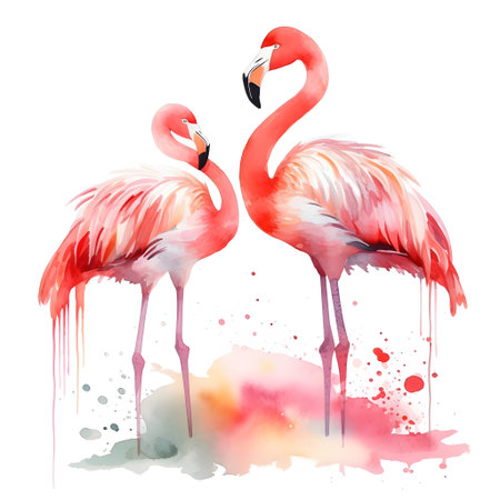 Two flamingos on watercolor background. watercolor painting. Vector illustration.の素材
