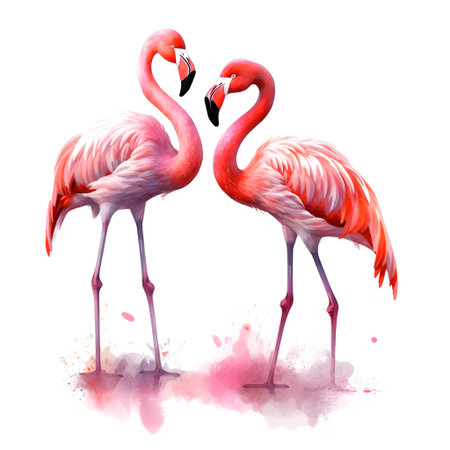 Two flamingos isolated on white background. Watercolor hand drawn illustrationの素材