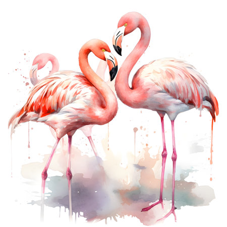 Two flamingos. Watercolor illustration isolated on white background. Hand-drawnの素材
