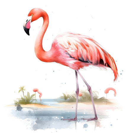 Watercolor flamingo on the beach. Hand drawn illustration isolated on white backgroundの素材