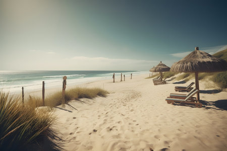 Beach with chairs and umbrellas on the sand dunes.の素材