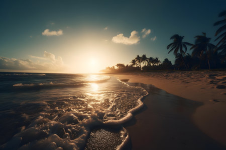 Tropical beach with palm trees at sunset. seascapeの素材