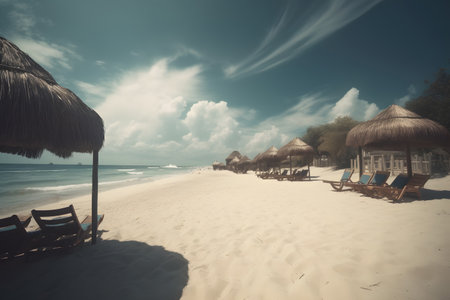Beautiful tropical beach with sunbeds and umbrellas - vintage filterの素材