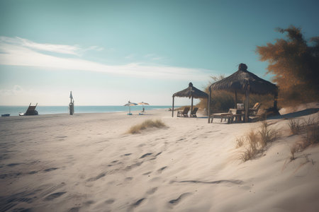 Beautiful beach with umbrella and chair in the sand dunes.の素材