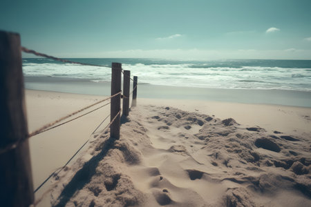 Wooden fence on the beach with sea in the background - vintage filterの素材