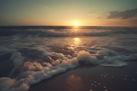 Beautiful sunset over the sea. Dramatic sky, soft clouds and waves. vintage styles.の素材