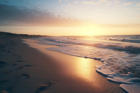 Beautiful seascape with sand dunes and waves at sunsetの素材