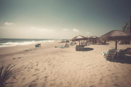 beach with umbrellas and sunbeds - retro vintage effectの素材