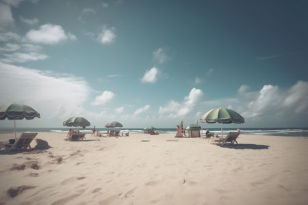 Beautiful beach with sunbeds and umbrellas - retro vintage effectの素材