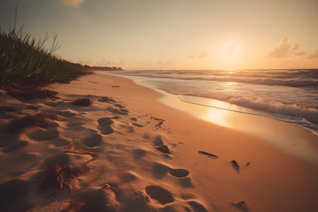 Beautiful sunset on the beach with footprints in the sand and green grassの素材