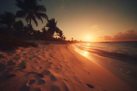 Tropical beach at sunset with palm trees and sand - vintage filterの素材
