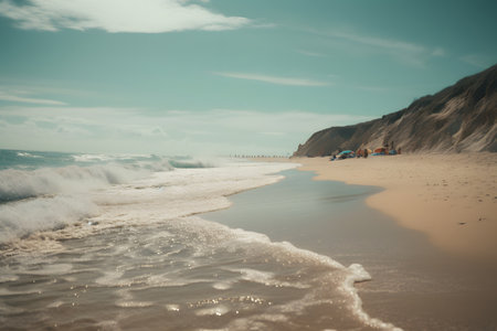 Beautiful beach with blue sky background. Vintage toned image.の素材