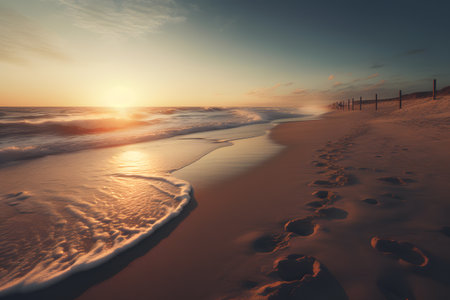 Sunset on the beach with footprints in sand. Toned.の素材
