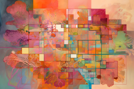 Abstract colorful background. Digital collage with flowers, leaves and geometric shapesの素材