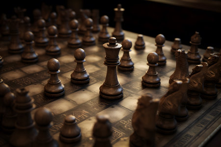 Chess pieces on a chessboard, close-up, selective focusの素材