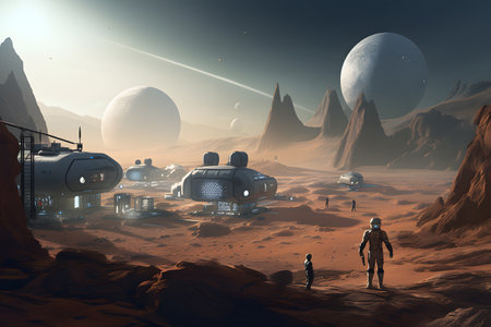Spaceship and astronaut on the background of the planet Mars.の素材