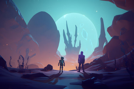 3d render of a man and a woman in an alien environmentの素材