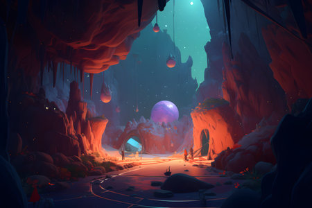 Fantasy landscape with cave and people. 3d rendering. Computer digital drawing.の素材