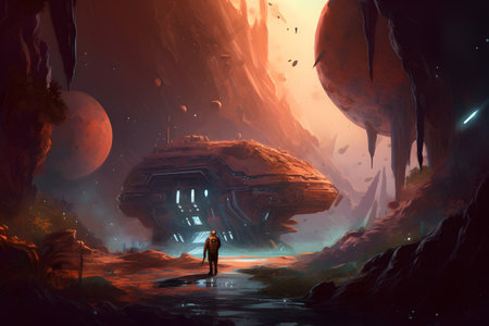 Fantasy alien planet in deep space. Fantasy landscape. 3D illustration.の素材