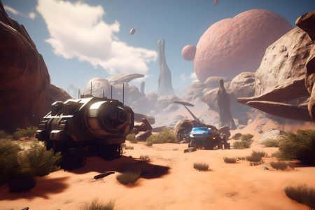 Spaceship and alien planet in the desert. 3d renderの素材