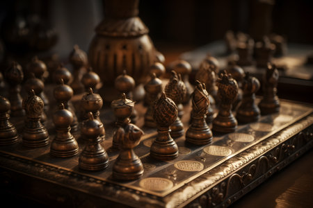 Chess pieces on a chessboard. selective focus. Shallow depth of field. Toned.の素材