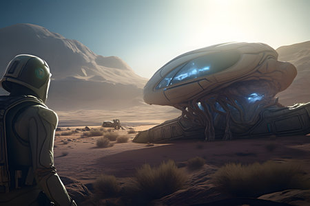 Astronaut in the desert. 3D illustration. Fantasy.の素材