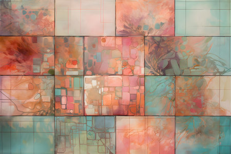 abstract background with squares and flowers in red, orange and blueの素材