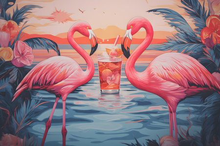 Pink flamingo with a glass of juice on the background of palm trees.の素材