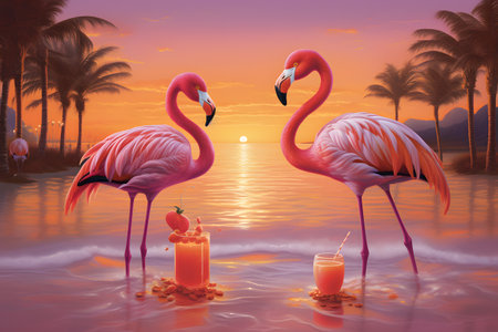 Two flamingos drinking juice on the beach with palm trees and sunsetの素材